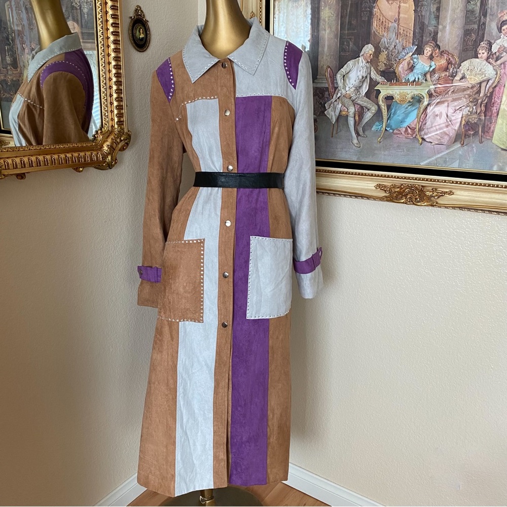 Donna Vinci Rhinestone Studded Patchwork Long Coat - image 2